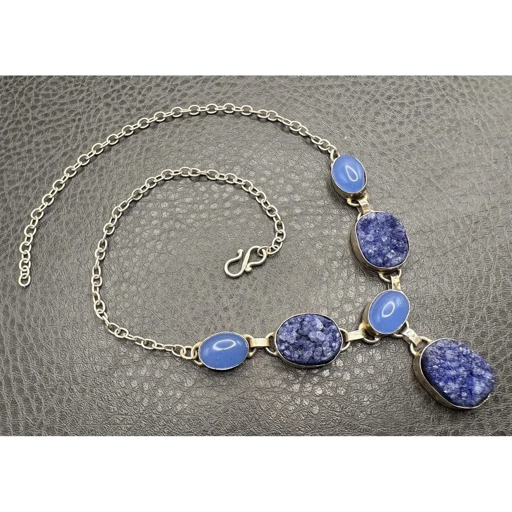 Ethnic Boho Style Silver Tone Faux Chalcedony Statement Necklace Pendant Drop